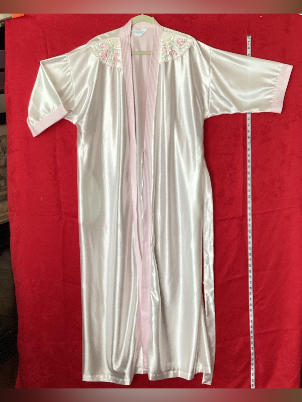Vintage Lorraine satin embroidered floor length robe made in USA size large